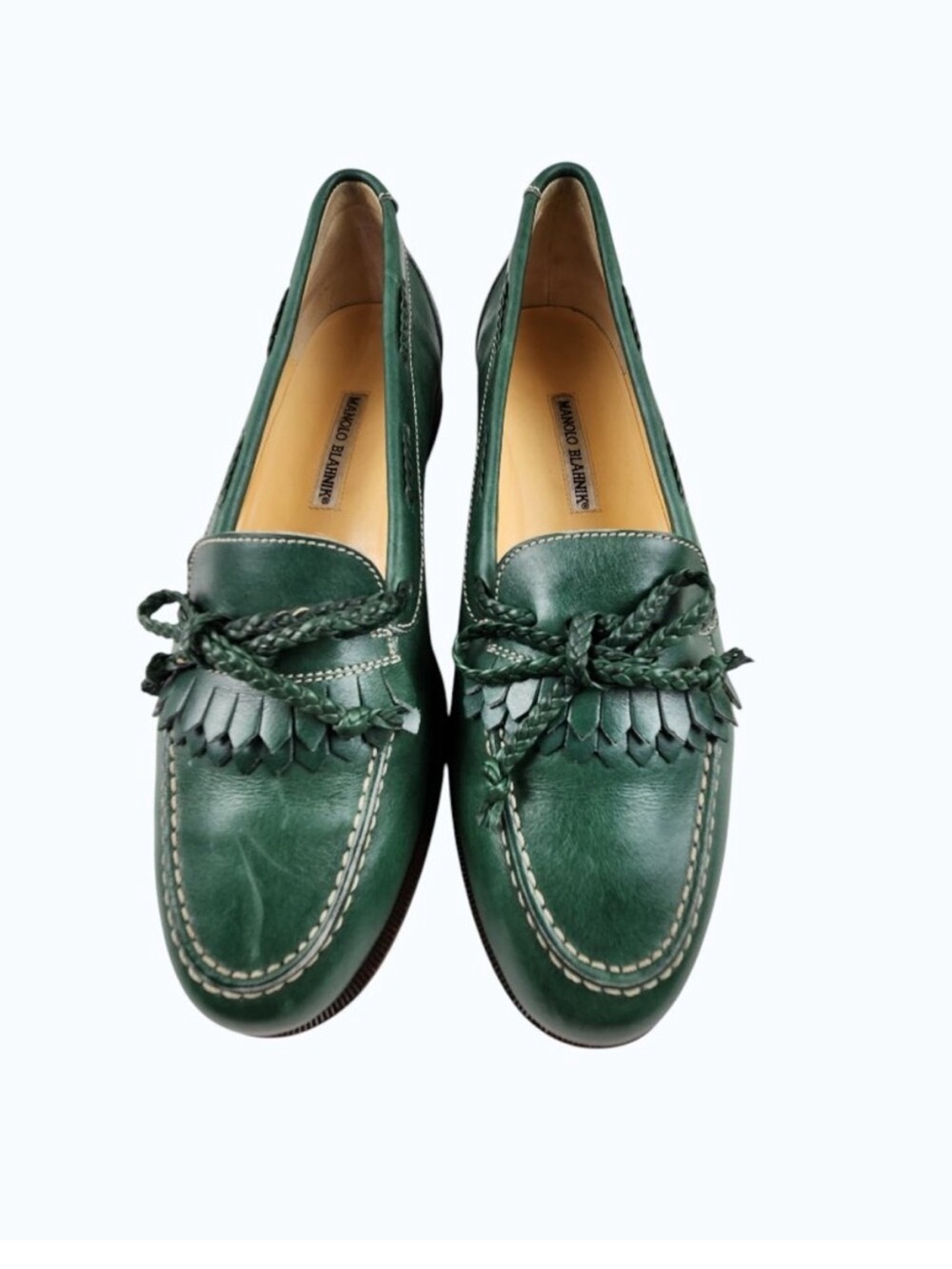 Green Manolo loafers